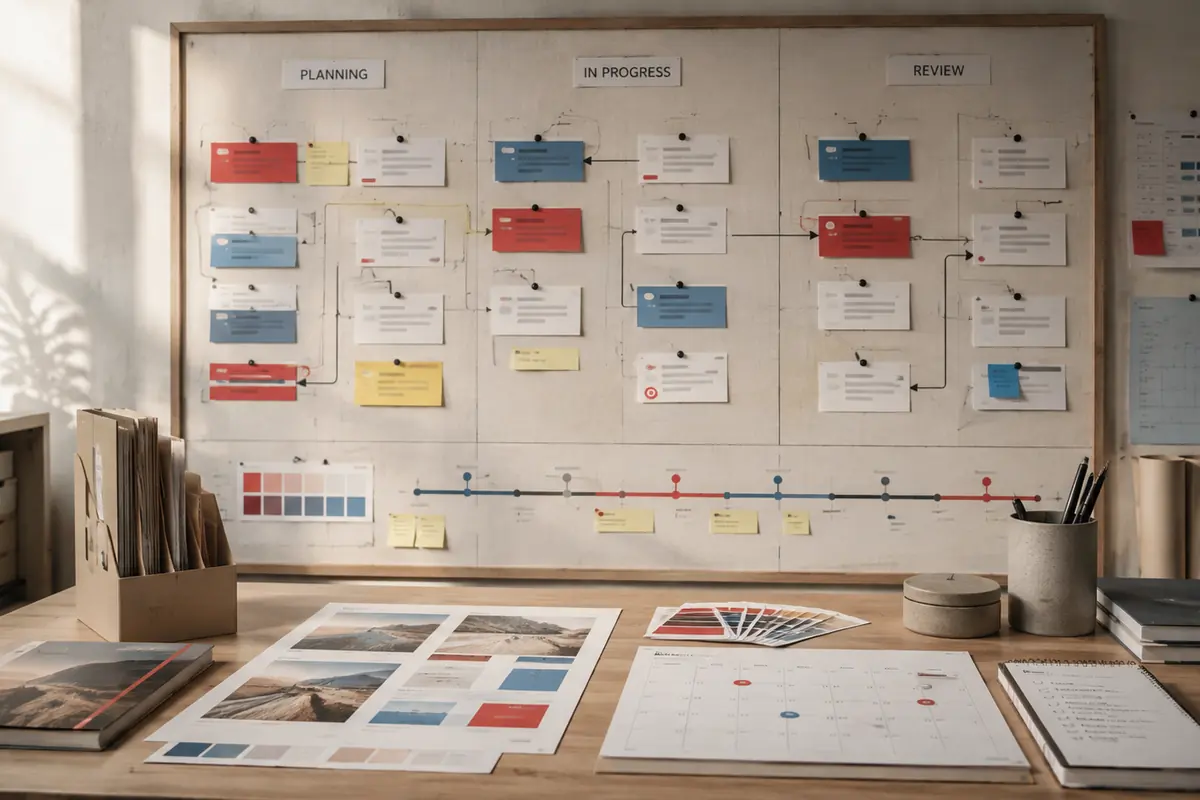 Wall board with Planning, In Progress and Review columns of task cards above a desk of design proofs