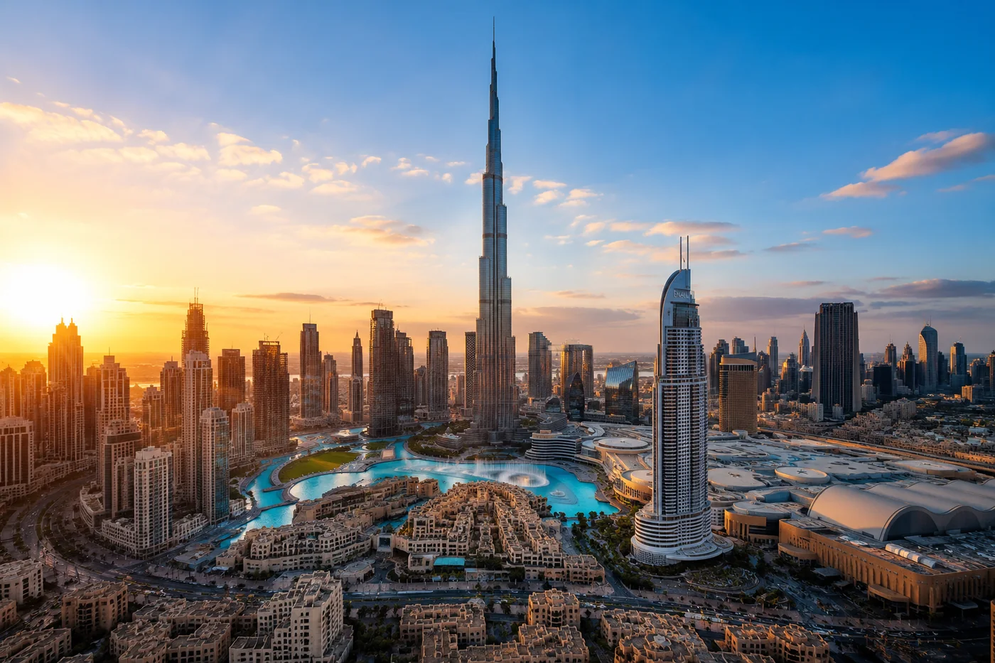 Downtown Dubai skyline at sunset with the Burj Khalifa and Dubai Fountain