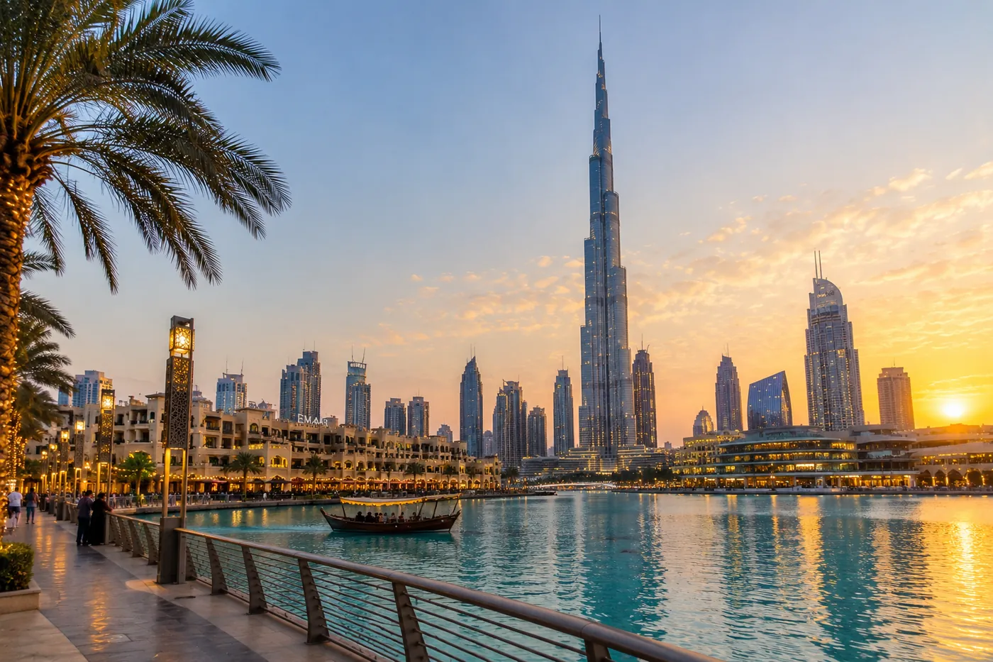 Burj Khalifa and the Downtown Dubai waterfront at sunset, with a traditional abra boat on the lake