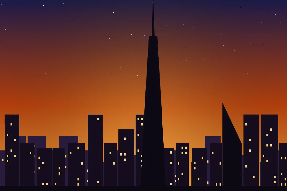 Stylised illustration of a city skyline at dusk with a tall tower