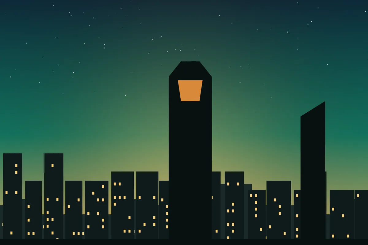 Stylised illustration of a city skyline at night with a tall tower