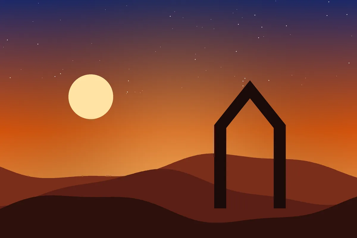 Stylised illustration of desert dunes at sunset with a pointed arch