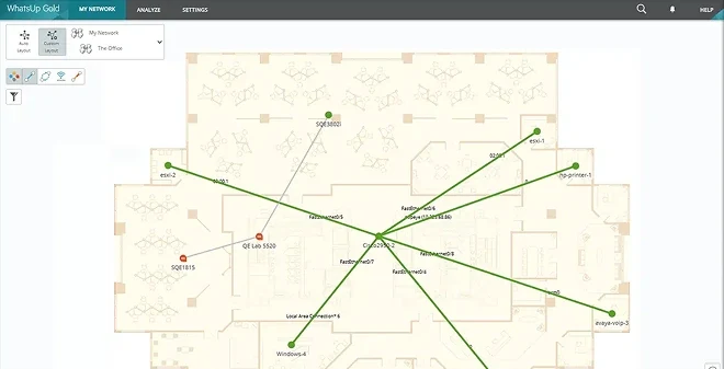 WhatsUp Gold interactive topology map showing network devices and their connections across a floor plan